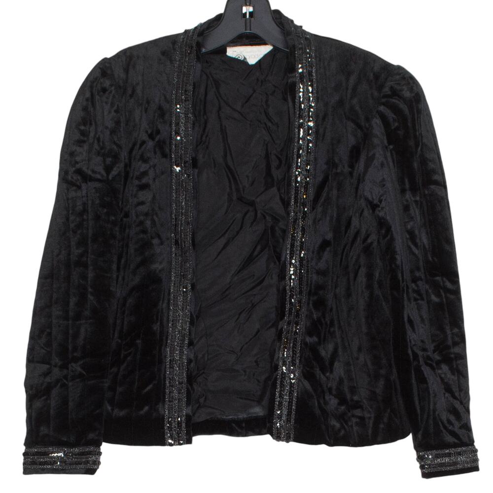 Barad Co Womens Jacket Blazer Vintage Velvet Open Sequins 70s USA Black Small FT